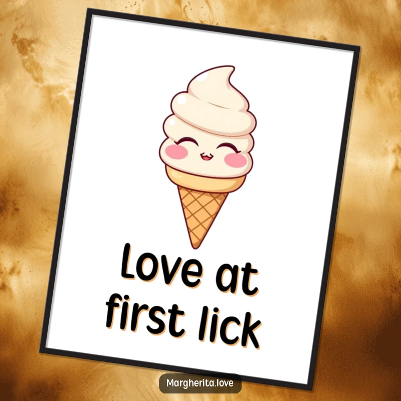 Funny poster of a smiling ice cream cone character blowing a kiss, adding sweet and humorous wall art to kitchens and cafes.