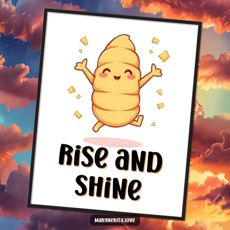 Funny croissant jumps poster print of a happy pastry doing jumping jacks, buttery flakes flying, creating a vibrant and humorous visual.