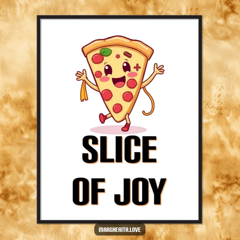 Funny poster of a smiling pizza slice character dancing merrily with a pasta noodle, creating a vibrant food-themed artwork.