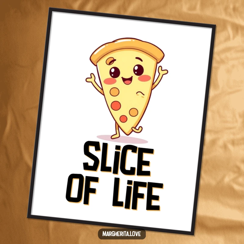 Funny pizza slice poster featuring a cheerful, anthropomorphic pizza character dancing joyfully, perfect for adding a humorous touch to any wall.
