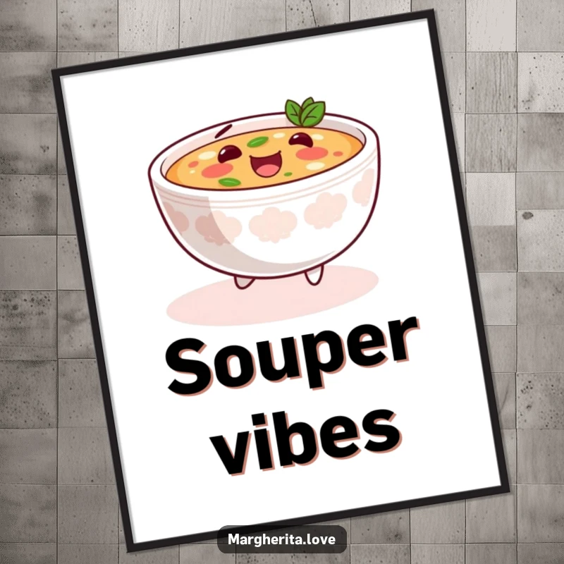 Funny soup skip poster featuring a content bowl of soup happily skipping, adding a touch of warmth and gentle humor to any space.