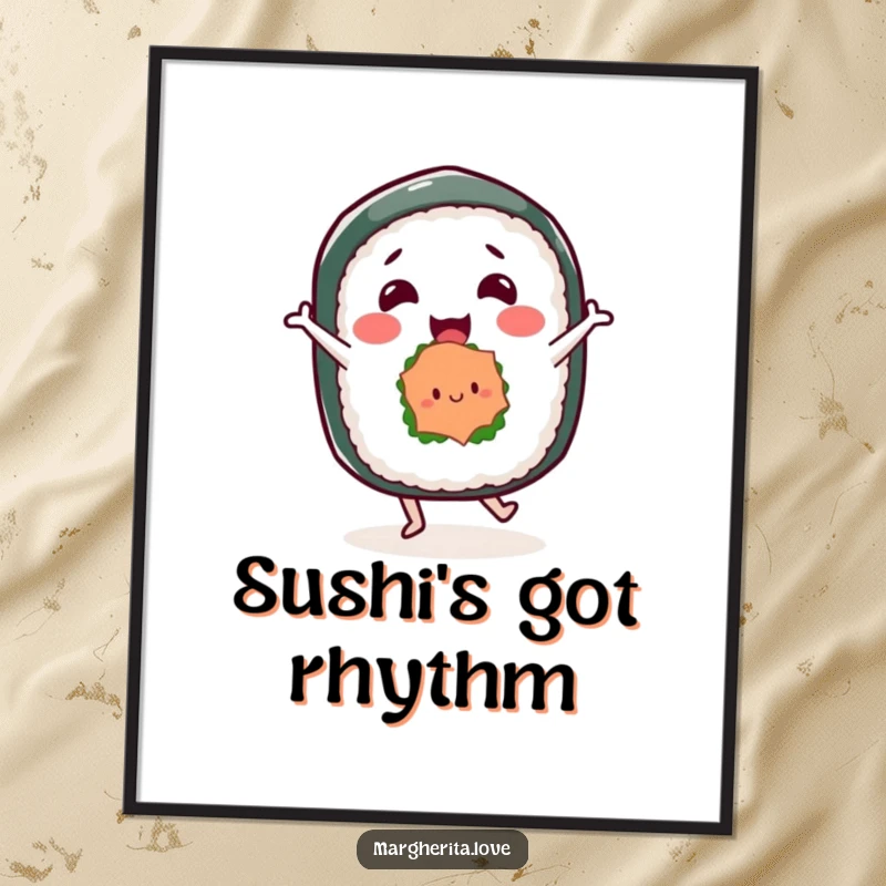 Funny poster showcasing a joyful sushi roll character in a dance pose, a delightful and humorous illustration for your wall.
