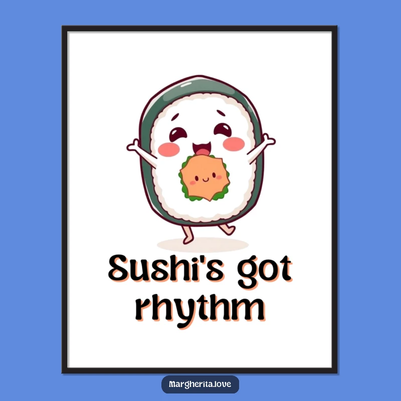 Funny Sushi Roll Dancing Poster - Whimsical Japanese Food Art Print Gift