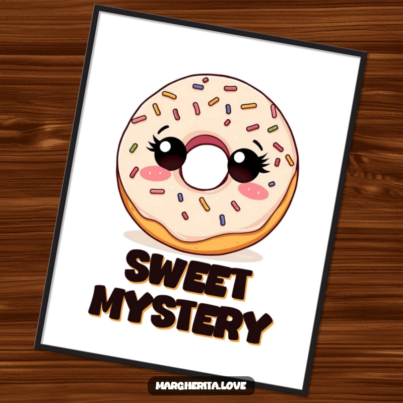 Funny poster of a curious doughnut with sprinkles, looking around with an expression of wonder and inquisitiveness.