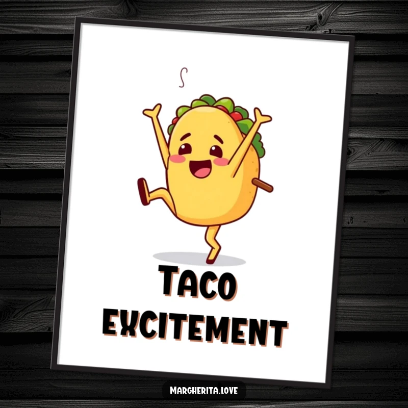 Funny poster art of a happy taco character doing a cartwheel with pure excitement, embodying a lively fiesta spirit.