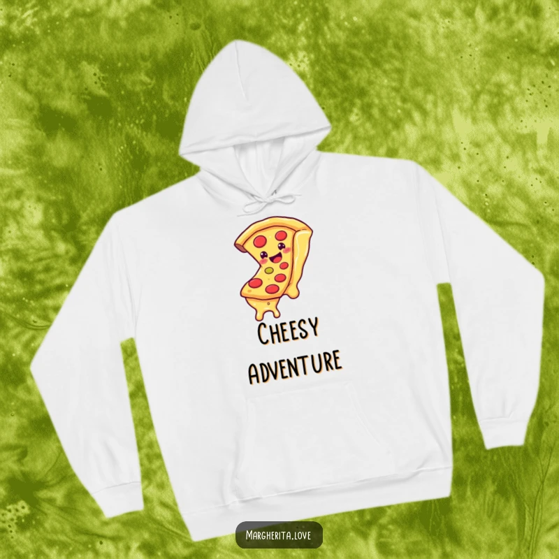 Funny hoodie featuring a delighted pizza slice character sliding down a gooey strand of cheese, designed for ultimate comfort and humor.