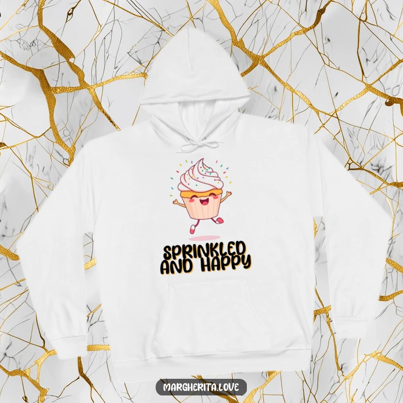 Funny cupcake hoodie with a cheerful cupcake character skipping energetically, adorned with flying sprinkles, offering warmth.