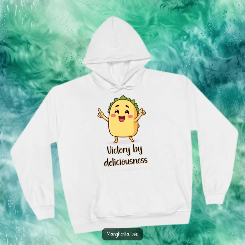 Funny hoodie design of a grinning taco with arms doing a victory dance, bringing festive warmth and humor, funny gift.