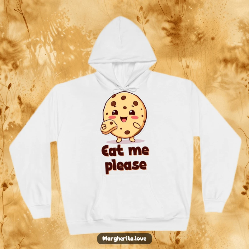 Funny cute cookie character offering a bite, warm and cozy hoodie.