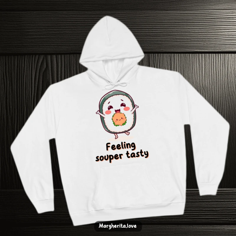 Funny hoodie featuring a happy sushi roll character in a fun dance pose, perfect for staying warm and spreading cheer.