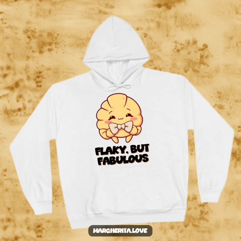 Funny hoodie showcasing a curious croissant character in a grand, dramatic bow, a comfortable and humorous gift for pastry lovers.