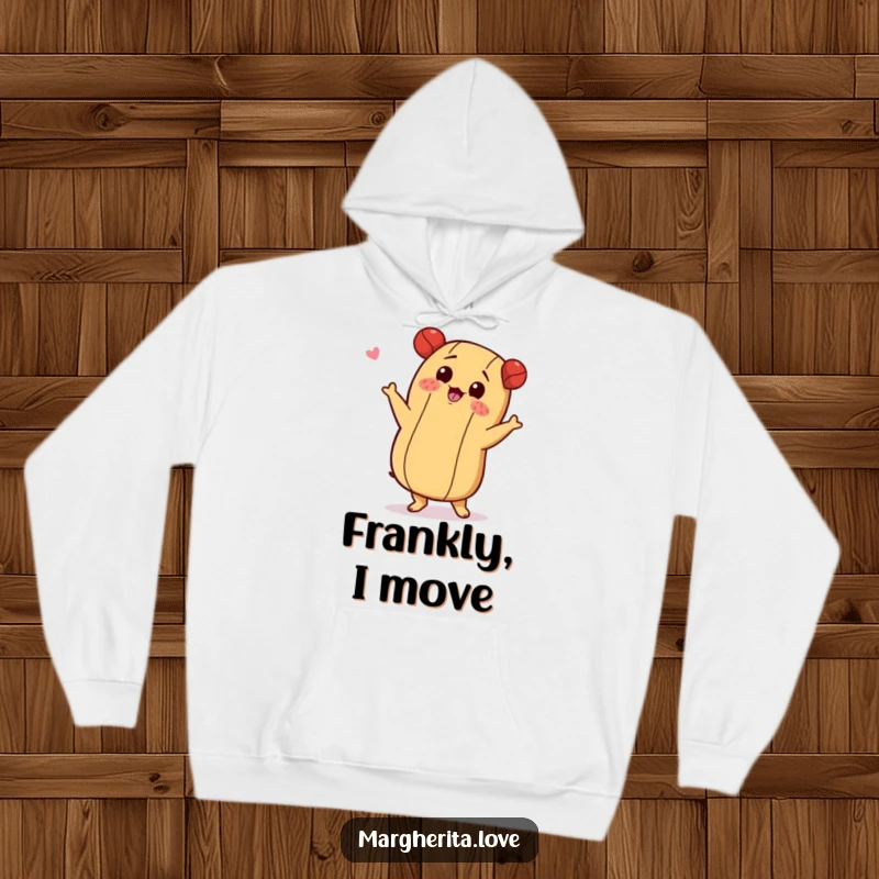 Funny hoodie featuring a hot dog character doing a playful shimmy, perfect for dance enthusiasts.