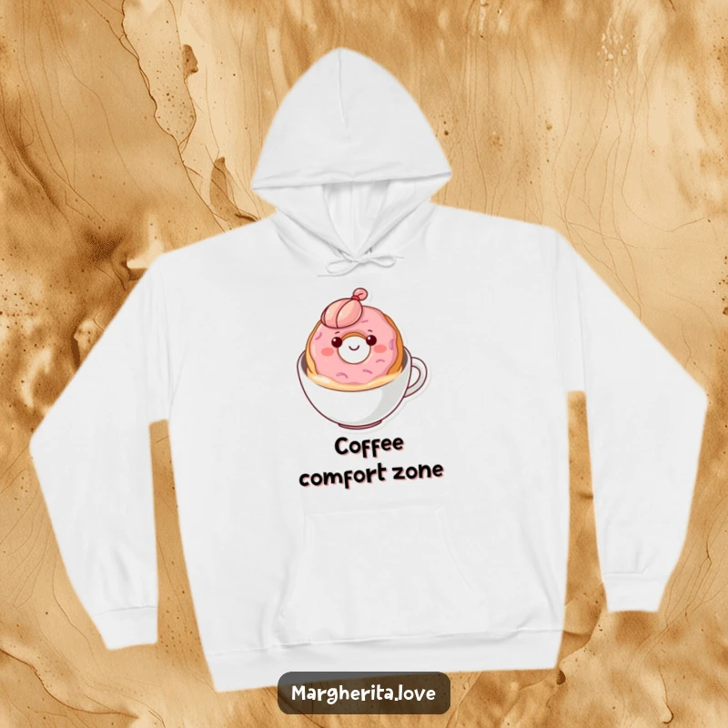 Funny donut coffee hoodie with a design of a happy donut bobbing contentedly in creamy coffee, offering warmth and humor.