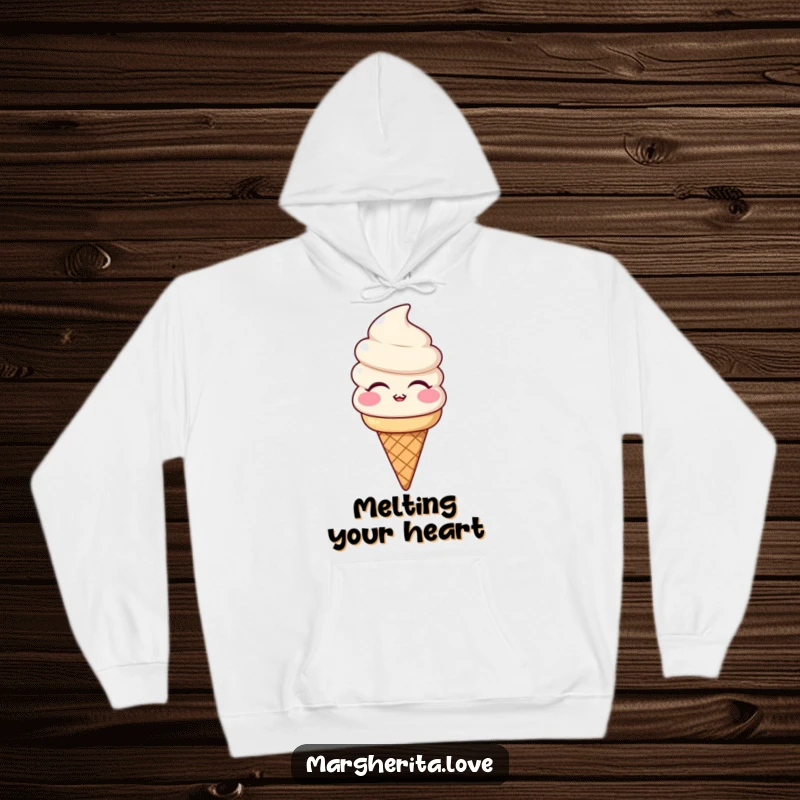 Funny hoodie featuring a smiling ice cream cone character blowing a kiss, perfect for cozying up and spreading sweet cheer.