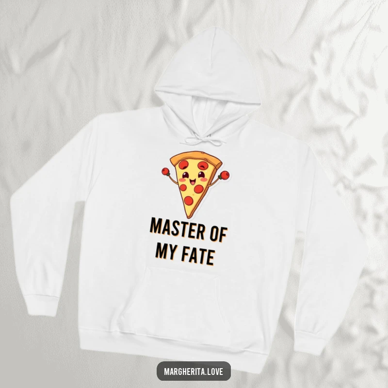 Funny hoodie featuring a smiling pizza slice masterfully juggling pepperoni, radiating warmth and culinary joy.