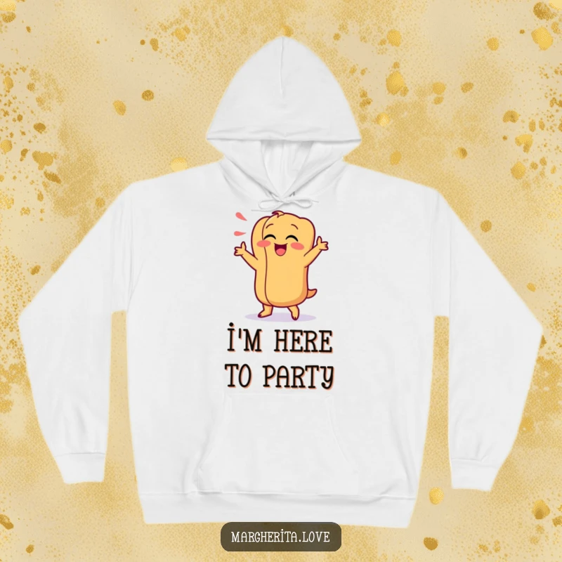Funny hoodie featuring a giggling hot dog character doing a silly, joyful dance, perfect for staying warm and spreading smiles.