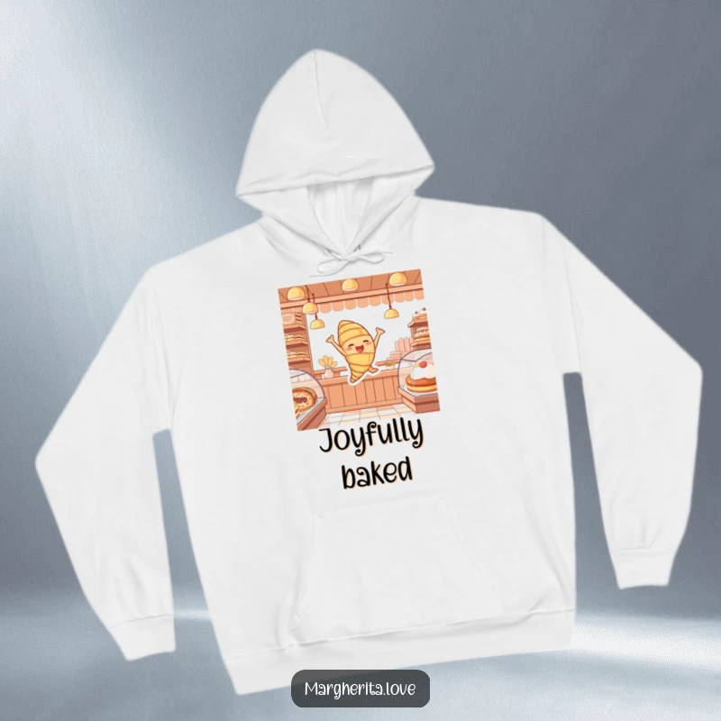 Funny and cozy hoodie featuring a cheerful croissant character joyfully leaping, designed for ultimate comfort and bakery bliss.