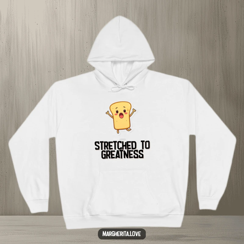 Funny hoodie featuring a surprised breadstick character leaping into the air, offering warmth and a good dose of bakery humor.