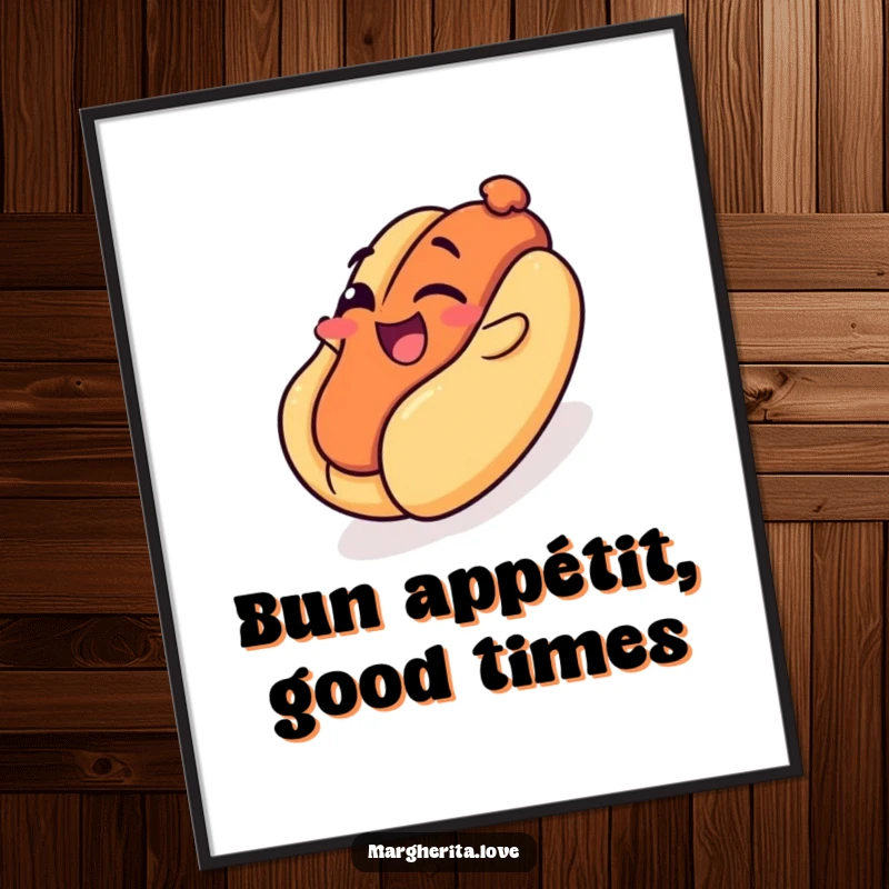 Funny Free Printable Wall Art: Winking hot dog playfully slides down its bun like a fun playground slide.