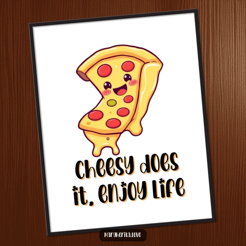 Funny Free Printable Wall Art, a smiling pizza slice character joyfully sliding down a long, gooey strand of cheese.