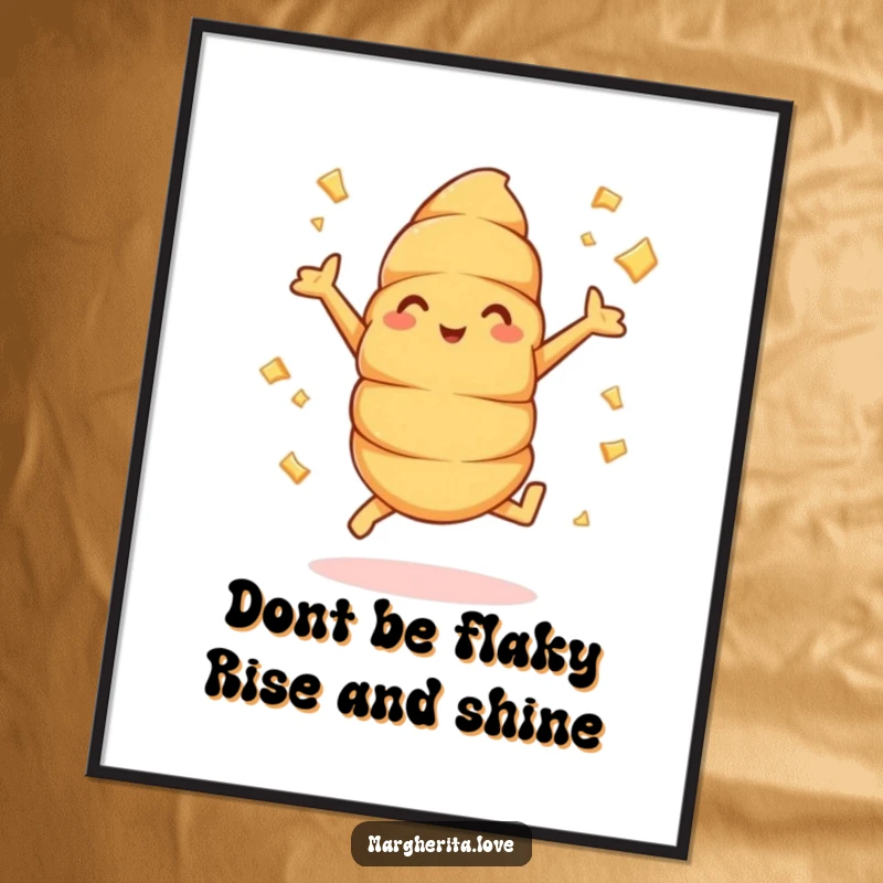 Funny Free Printable Wall Art: A cheerful croissant character performing jumping jacks with buttery flakes dramatically flying off.