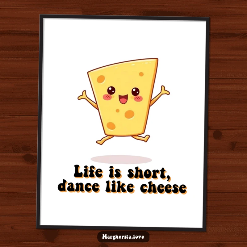 Funny Free Printable Wall Art: Cheerful cheese wedge performing an enthusiastic ballet pirouette. A downloadable art piece.