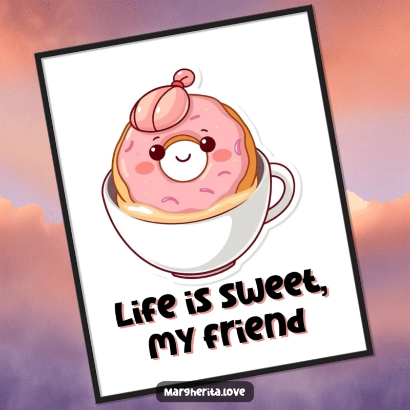 Funny Free Printable Wall Art: A contented donut happily floating and bobbing in a cup of creamy coffee.