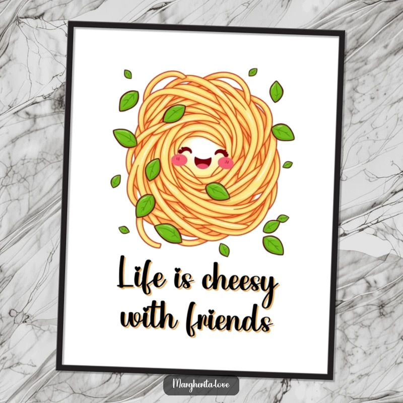 Funny free printable wall art of a cheerful pasta swirl character humorously juggling tiny green basil leaves, perfect for quirky decor.