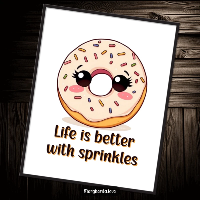 Funny Free Printable Wall Art: A curious doughnut with sprinkles, looking around with wide-eyed wonder, delightful downloadable art.