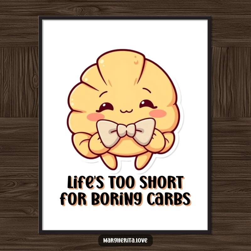 Funny Free Printable Wall Art of a curious croissant in mid-dramatic bow, adding a touch of whimsy and baked-good humor.