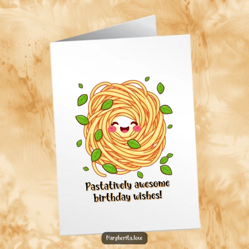 Funny free printable birthday card featuring a cheerful pasta swirl character expertly juggling small green basil leaves with a smile.