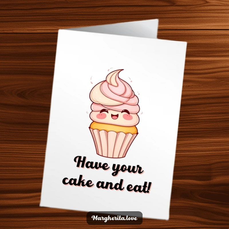 Funny Free Printable Birthday Card: Playful cupcake with frosting hair spins excitedly, celebrating a happy birthday.