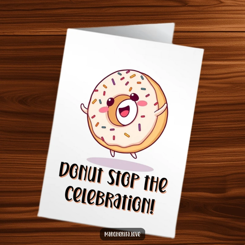 Funny Free Printable Birthday Card: Giggling donut with sprinkles does a cartwheel, celebrating a happy birthday with joy.