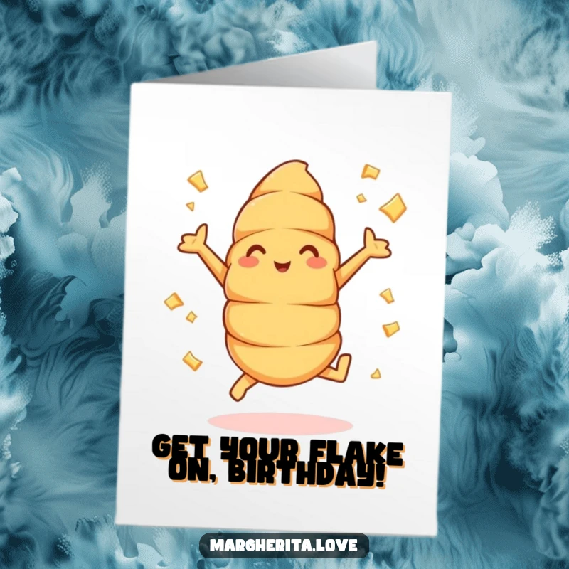 Funny Free Printable Birthday Card: A cheerful croissant energetically doing jumping jacks with buttery flakes flying.