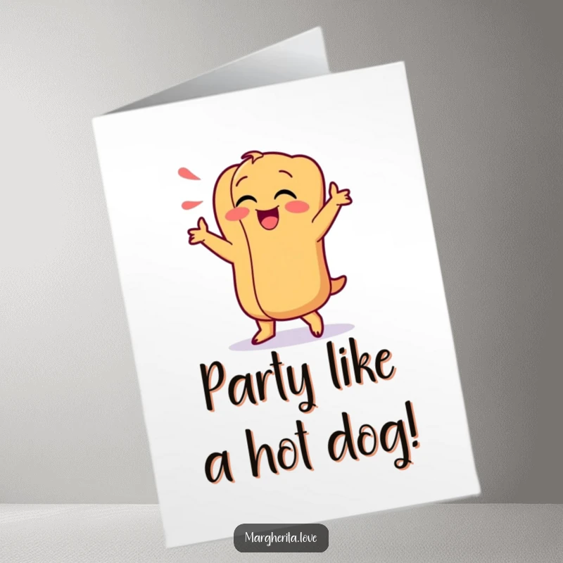 Funny Free Printable Birthday Card showing a giggling hot dog doing a wild, silly dance, spreading infectious birthday cheer.