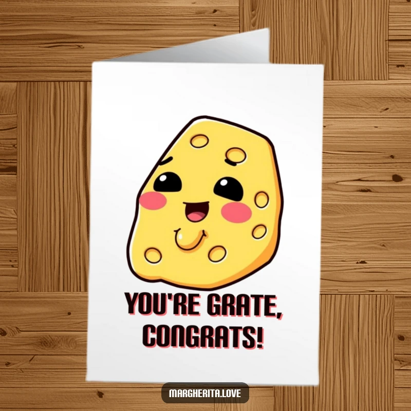 Funny Free Printable Cheese Card: A happy slice of cheese melting perfectly, celebrating a fantastic accomplishment with cheesy glee.