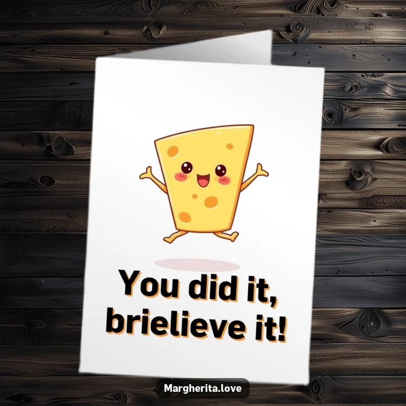 Funny Free Printable Congratulations Card: Cheerful cheese wedge performing a ballet pirouette, celebrating an achievement. A downloadable gift.
