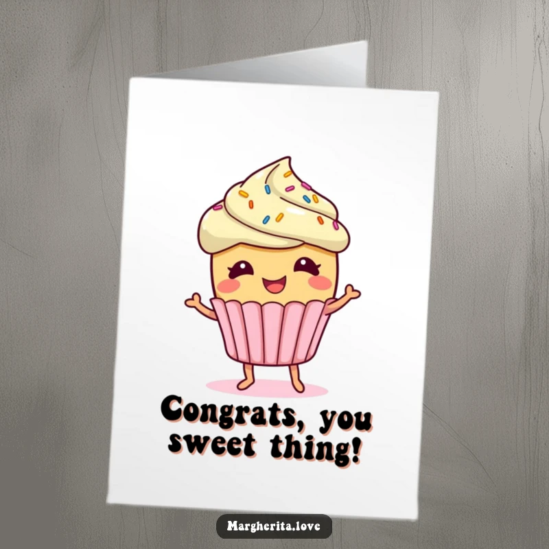 Funny Free Printable Congratulations Card showing a giggling cupcake with sprinkles doing a jig, perfect for celebrating wins joyfully.
