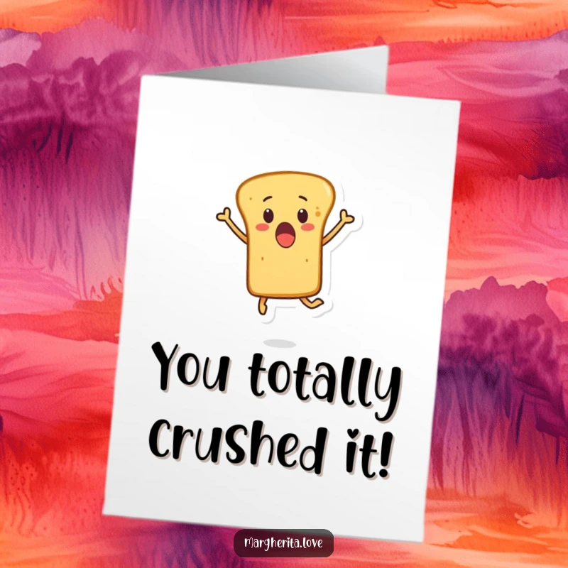 Funny free printable congratulations card with a surprised breadstick character leaping high, celebrating a momentous occasion with gusto.