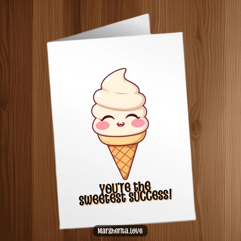 Funny Free Printable Congratulations Card featuring a smiling ice cream cone blowing a sweet kiss to celebrate a wonderful success.