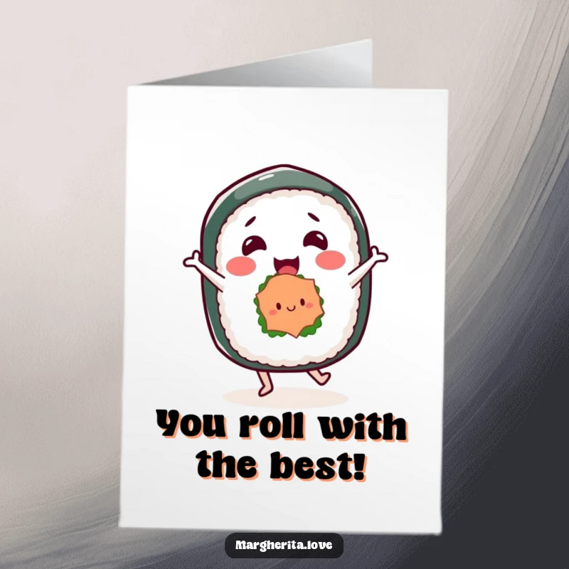 Funny free printable congratulations card depicting a happy sushi roll character doing a celebratory dance, full of edible excitement.