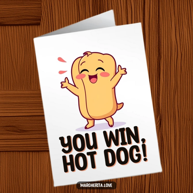 Funny Free Printable Congratulations Card of a giggling hot dog busting out a joyful, silly dance to celebrate a big win.