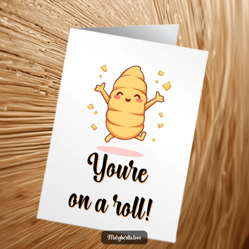 Funny Free Printable Congratulations Card: A croissant doing jumping jacks, flakes flying, celebrating a success.