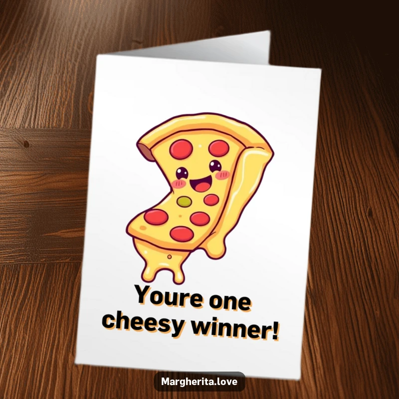 Funny Free Printable Congratulations Card, a happy pizza slice sliding down a giant strand of gooey cheese.