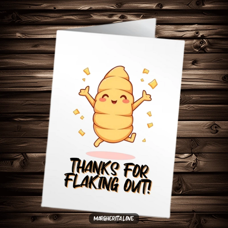 Funny Free Printable Thank You Card: A croissant doing energetic jumping jacks, buttery flakes flying, as a thank you.