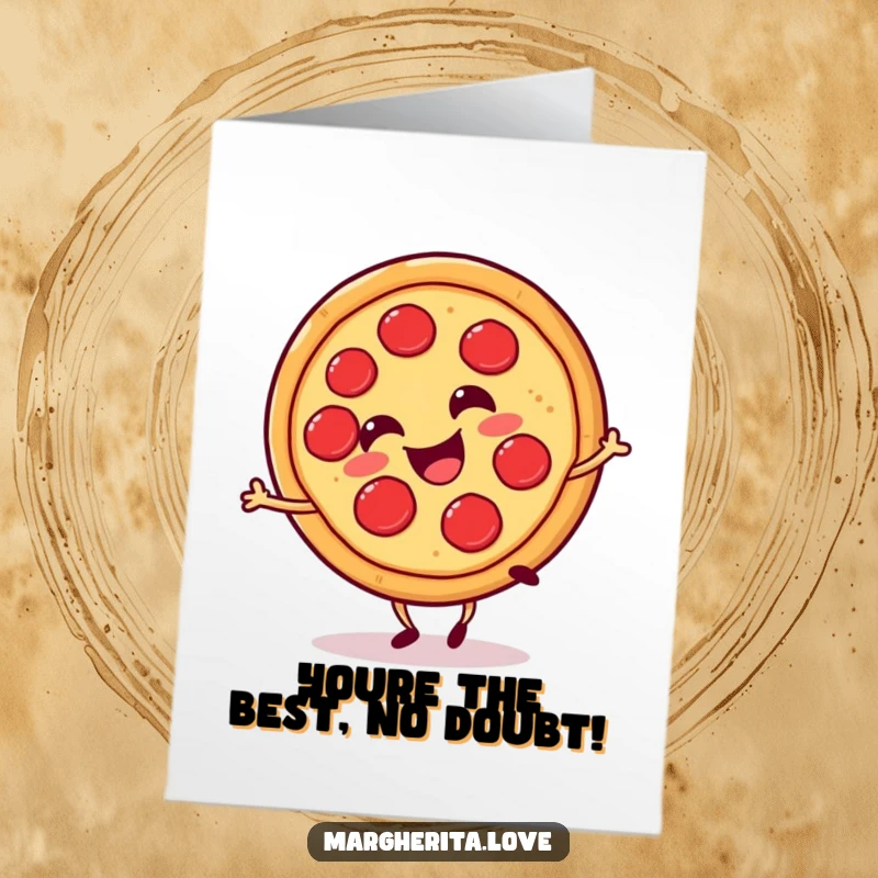 Funny Free Printable thank you card of a happy pizza slice doing a cartwheel, expressing gratitude with playful energy.