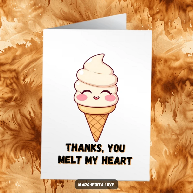 Funny Free Printable Thank You Card with a smiling ice cream cone sending a sweet, charming kiss as a token of thanks.