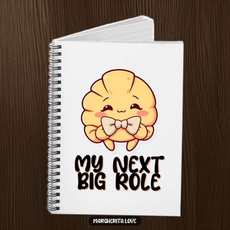 Funny notebook with a curious croissant character performing an elegant, dramatic bow, ideal for journaling and creative writing.