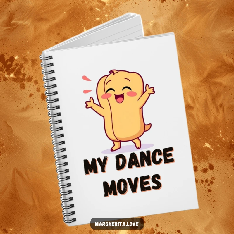Funny notebook with a giggling hot dog character doing a silly dance, perfect for jotting down notes and creative ideas.