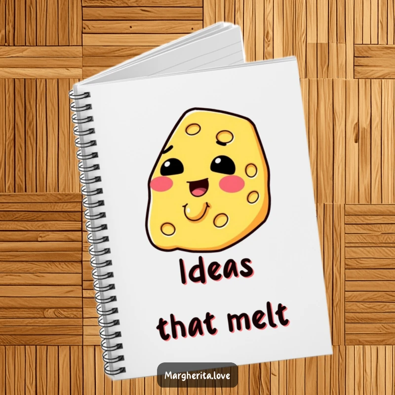 Funny slice of cheese happily melting on a notebook cover, inspiring cheesy and humorous notes.
